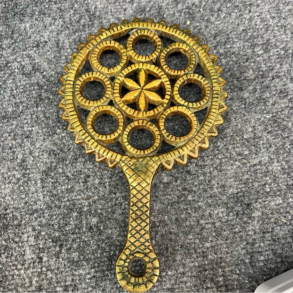 Vintage Antique Brass Hex Star Circles Footed Trivet Plant Base